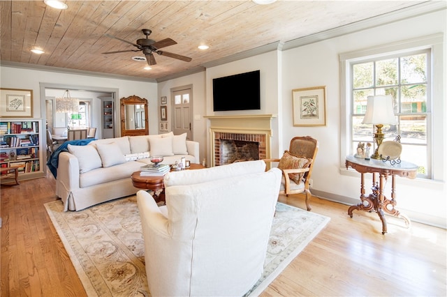 living room with a wealth of natural light, wood ceiling, and ornamental molding