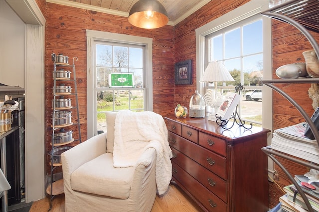 living area featuring a wealth of natural light, light wood-style floors, and ornamental molding