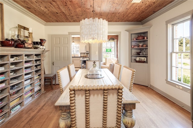 dining area with a notable chandelier, wooden ceiling, light wood-type flooring, and crown molding