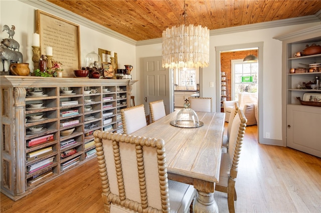 dining room featuring light wood-style floors, a notable chandelier, wood ceiling, and ornamental molding