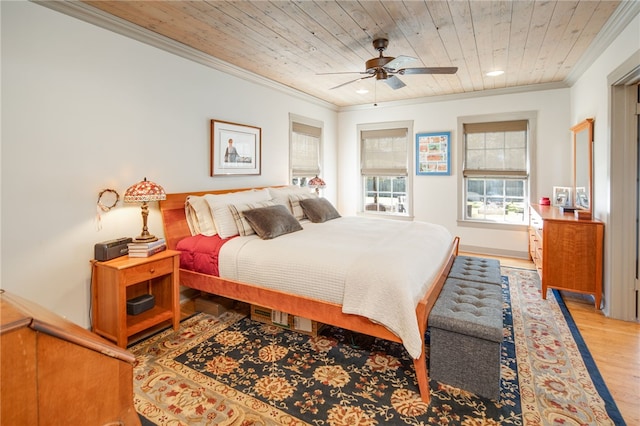 bedroom featuring wood finished floors, recessed lighting, wooden ceiling, crown molding, and ceiling fan