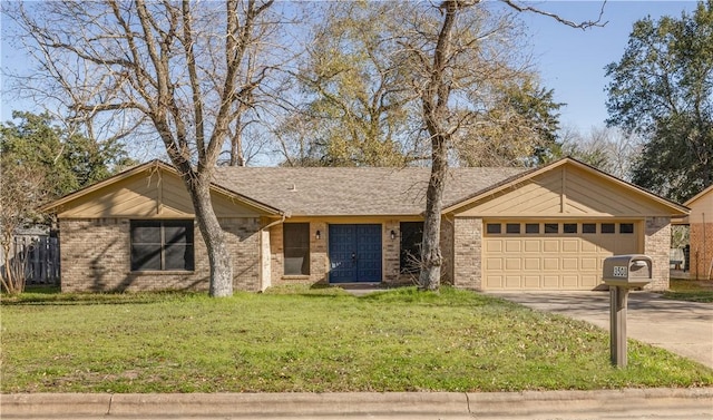 view of front of property featuring concrete driveway, brick siding, an attached garage, and a front lawn