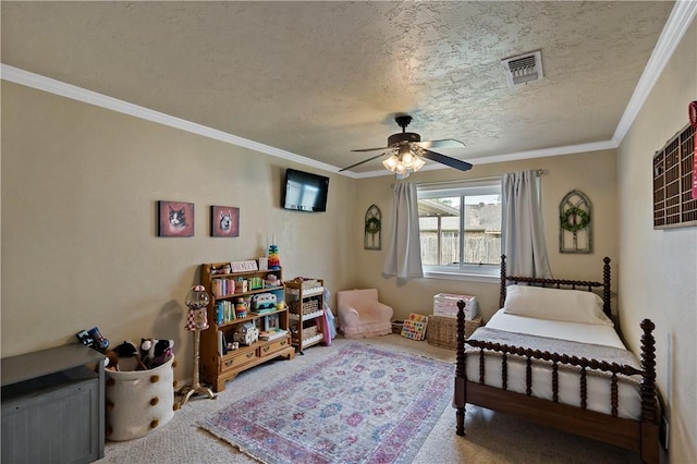 bedroom featuring crown molding, a textured ceiling, visible vents, and carpet