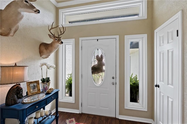 foyer entrance featuring baseboards, dark wood-style flooring, and crown molding
