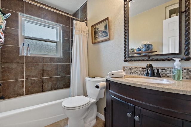 full bathroom featuring toilet, backsplash, shower / bath combination with curtain, a textured wall, and vanity