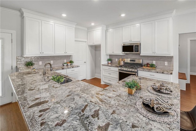 9868 Albert Dr, Iola, TX 77861 - kitchen featuring stainless steel appliances, light stone counters, decorative backsplash, a peninsula, and crown molding