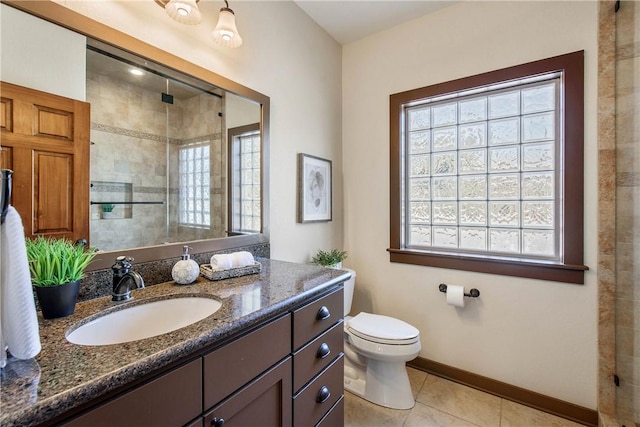 bathroom featuring tile patterned floors, vanity, toilet, and an enclosed shower