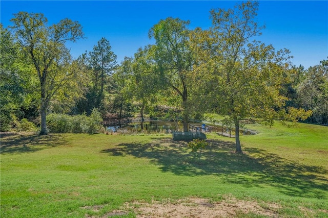 view of community featuring a water view and a yard