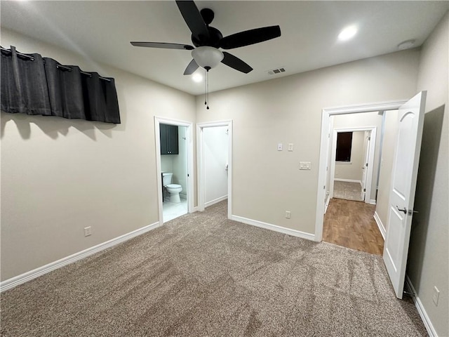 114 Hayes Church Rd, Franklin, TX 77856 - unfurnished bedroom with carpet, a ceiling fan, connected bathroom, and recessed lighting