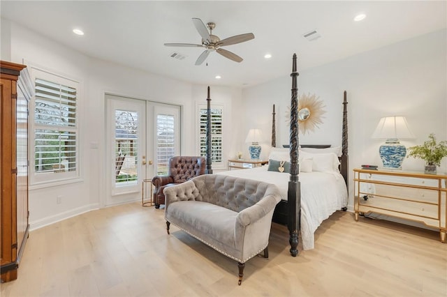 bedroom with light wood finished floors, access to outside, visible vents, and recessed lighting