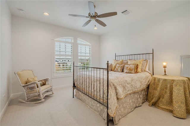 carpeted bedroom with baseboards, visible vents, ceiling fan, and recessed lighting