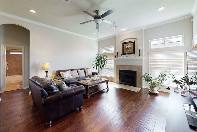 2515 Warkworth Ln, College Station, TX 77845 - living room with ceiling fan, wood finished floors, a fireplace with flush hearth, recessed lighting, and arched walkways