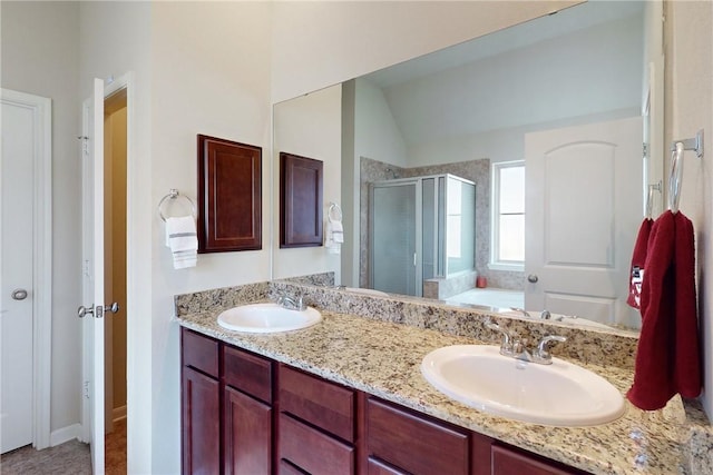 2515 Warkworth Ln, College Station, TX 77845 - full bath with a shower stall, a bath, double vanity, and vaulted ceiling