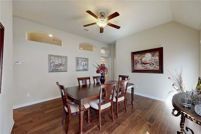 2515 Warkworth Ln, College Station, TX 77845 - dining space featuring a ceiling fan, wood finished floors, baseboards, and vaulted ceiling