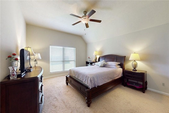 2515 Warkworth Ln, College Station, TX 77845 - bedroom featuring light colored carpet, lofted ceiling, baseboards, and ceiling fan
