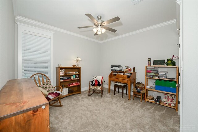 office with crown molding, a ceiling fan, and carpet floors