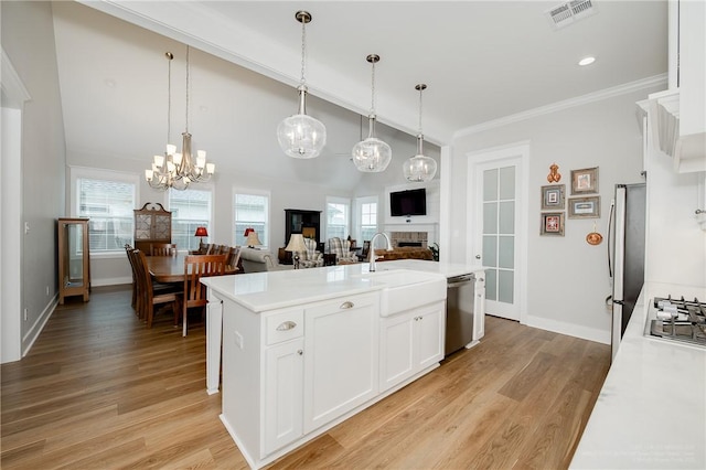 kitchen with light countertops, stainless steel appliances, visible vents, and a sink