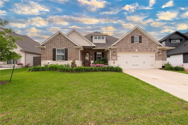 craftsman-style house with roof with shingles, stone siding, brick siding, a front yard, and driveway