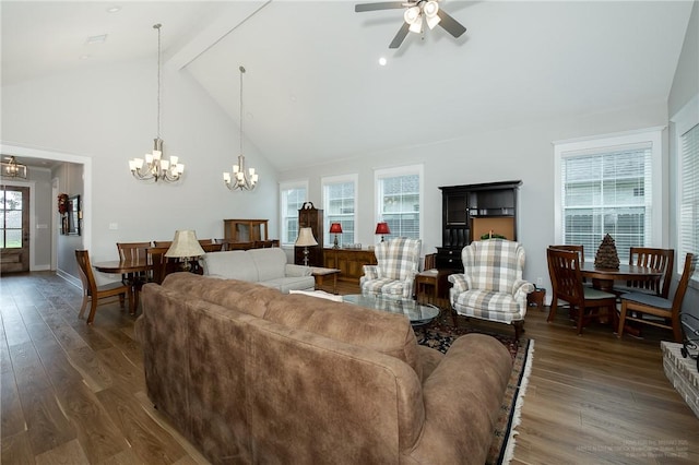 living room featuring beam ceiling, wood finished floors, high vaulted ceiling, baseboards, and ceiling fan with notable chandelier