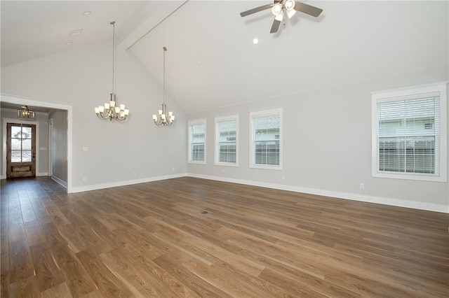 5012 Grayson Way, Bryan, TX 77802 - unfurnished room featuring a chandelier, ceiling fan, high vaulted ceiling, wood finished floors, and beam ceiling