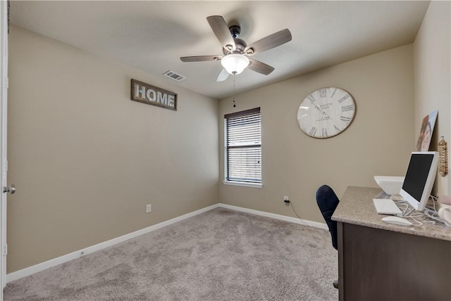 unfurnished office with light carpet and ceiling fan