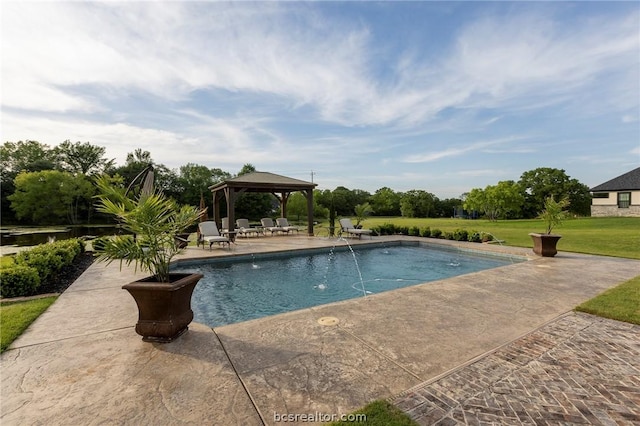 view of swimming pool with a gazebo, a yard, and a patio