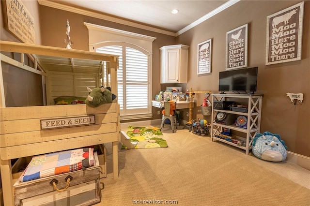 interior space featuring carpet and ornamental molding