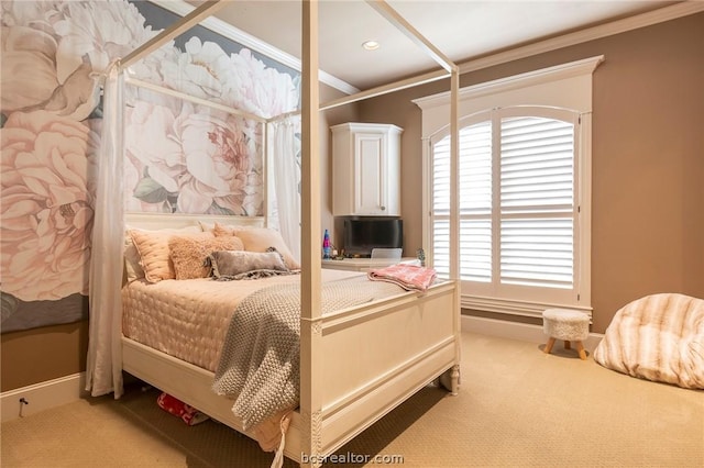 carpeted bedroom featuring multiple windows and crown molding