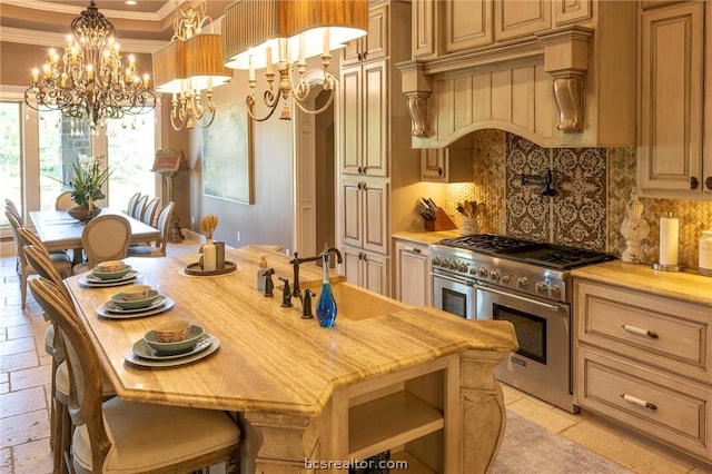 kitchen with double oven range, backsplash, wooden counters, crown molding, and decorative light fixtures