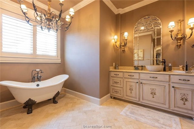 bathroom featuring crown molding, vanity, a bath, and an inviting chandelier