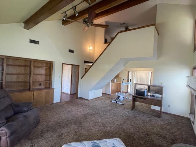 living room with visible vents, beam ceiling, high vaulted ceiling, a ceiling fan, and carpet floors