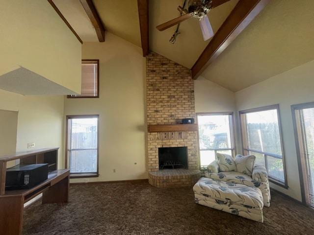 living area with beamed ceiling, high vaulted ceiling, a ceiling fan, a fireplace, and carpet flooring