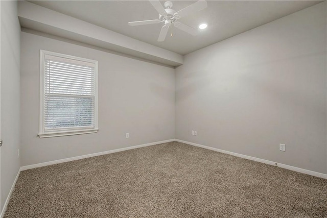 unfurnished room with recessed lighting, carpet, a ceiling fan, and baseboards