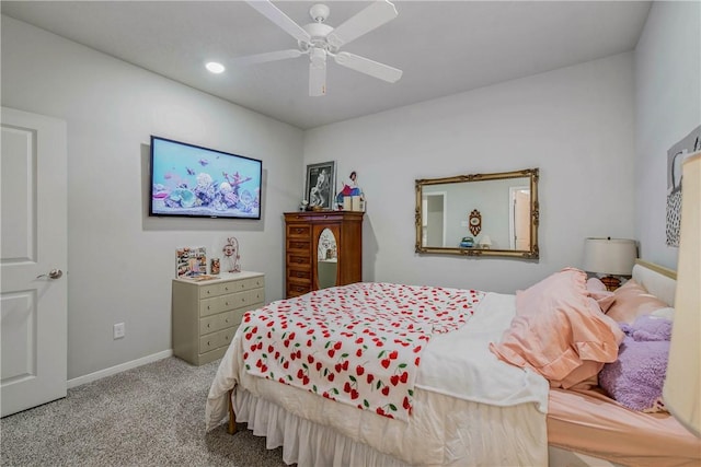 bedroom featuring carpet flooring, ceiling fan, and baseboards