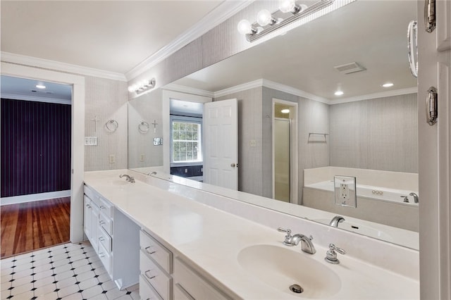 1712 Glade St, College Station, TX 77840 - full bath featuring ornamental molding, double vanity, tile patterned floors, a bath, and a stall shower