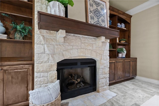5104 Stonewater Loop, College Station, TX 77845 - detailed view of crown molding and a stone fireplace