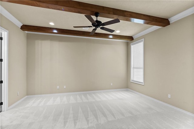 5104 Stonewater Loop, College Station, TX 77845 - spare room featuring beam ceiling, light colored carpet, recessed lighting, ceiling fan, and ornamental molding