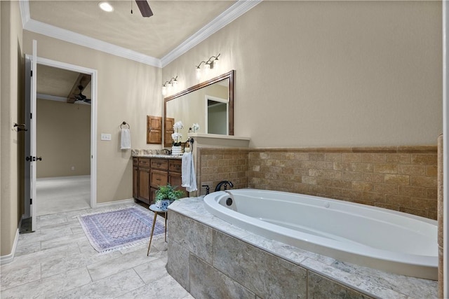 5104 Stonewater Loop, College Station, TX 77845 - full bath featuring a ceiling fan, vanity, a garden tub, and crown molding