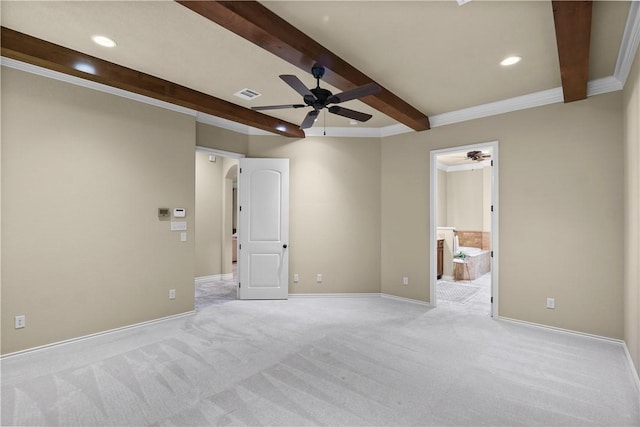5104 Stonewater Loop, College Station, TX 77845 - unfurnished bedroom featuring beamed ceiling, light colored carpet, recessed lighting, arched walkways, and ensuite bathroom