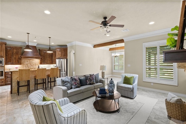 5104 Stonewater Loop, College Station, TX 77845 - living area featuring recessed lighting, a chandelier, a ceiling fan, and crown molding