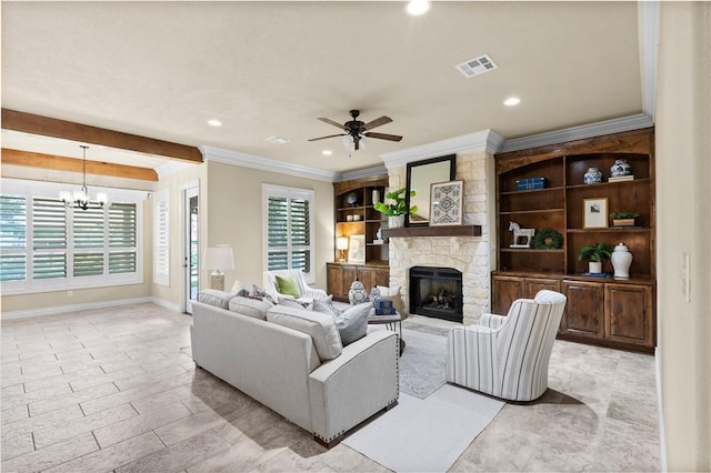 5104 Stonewater Loop, College Station, TX 77845 - living room with a fireplace, a ceiling fan, ornamental molding, a chandelier, and recessed lighting