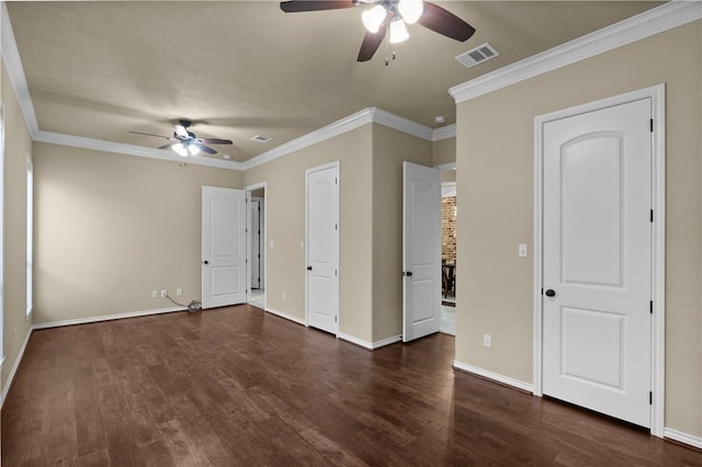5104 Stonewater Loop, College Station, TX 77845 - unfurnished bedroom with dark wood-style flooring, ornamental molding, and ceiling fan