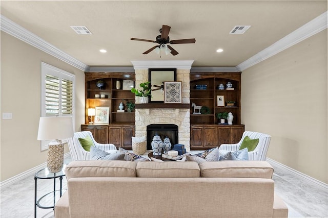 5104 Stonewater Loop, College Station, TX 77845 - living room with ornamental molding, ceiling fan, a fireplace, and recessed lighting