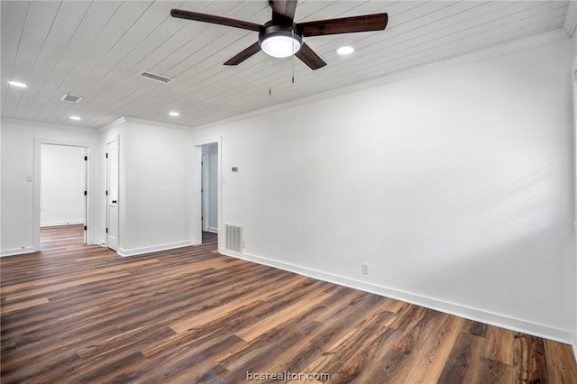 empty room with wooden ceiling, ceiling fan, dark wood-type flooring, and ornamental molding