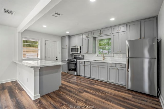 kitchen with dark hardwood / wood-style floors, sink, kitchen peninsula, and stainless steel appliances