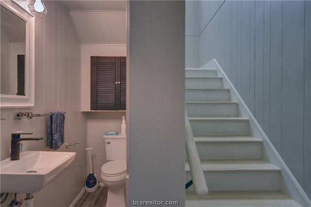 803 Holland St, Navasota, TX 77868 - bathroom featuring toilet, wood walls, and sink