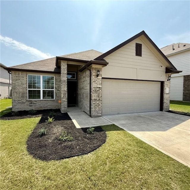 4704 Los Pines Way, Bryan, TX 77807 - ranch-style house featuring concrete driveway, brick siding, a garage, and a front lawn