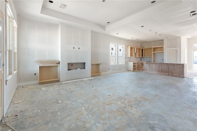 unfurnished living room featuring a raised ceiling