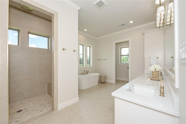 bathroom featuring shower with separate bathtub, vanity, tile patterned floors, and ornamental molding