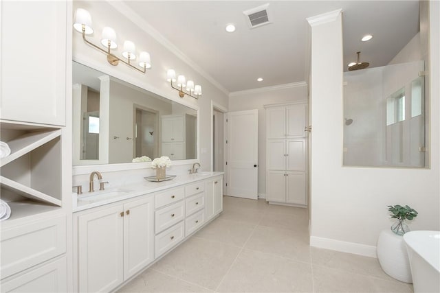 bathroom with tile patterned floors, vanity, an enclosed shower, and ornamental molding